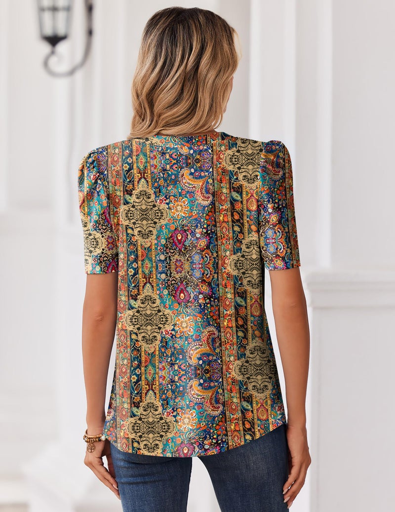 Zeagoo Beach Vacation Clothes for Women Puff Short Sleeve Summer Tops V Neck Dressy Casual Blouses Boho Cute Shirts - Image 5