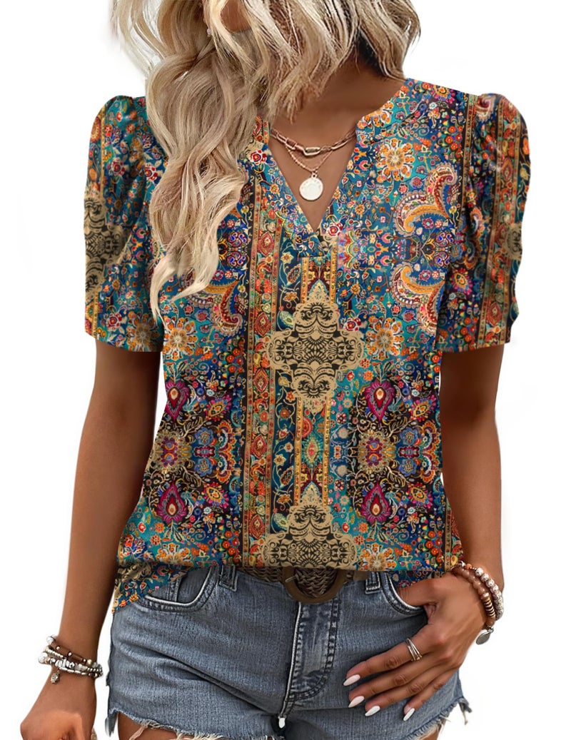 Zeagoo Beach Vacation Clothes for Women Puff Short Sleeve Summer Tops V Neck Dressy Casual Blouses Boho Cute Shirts - Image 1