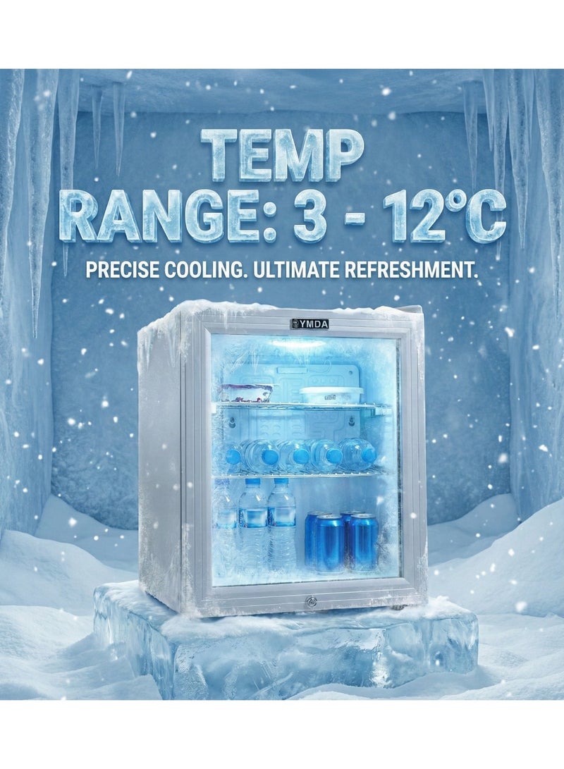 واي أم دي أيه ثلاجة صغيرة بباب زجاجي من YMDA، سعة 49 لترًا، طبقة زجاجية مزدوجة، تحكم في درجة الحرارة، أرفف قابلة للتعديل، إضاءة LED، قفل ومفتاح أمان، وضمان لمدة عام - لون رمادي YCC60G - Image 4