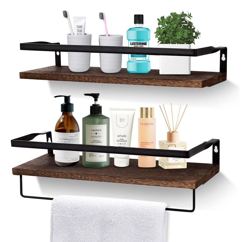 AGM Floating Shelves, 16.5 Bathroom Floating Shelf Set of 2, Carbonized Black Wall Storage Shelf with Towel Bar, Wall Mounted Shelves for Plants, Book, Bedroom, Kitchen, Living Room Decoration - Image 1
