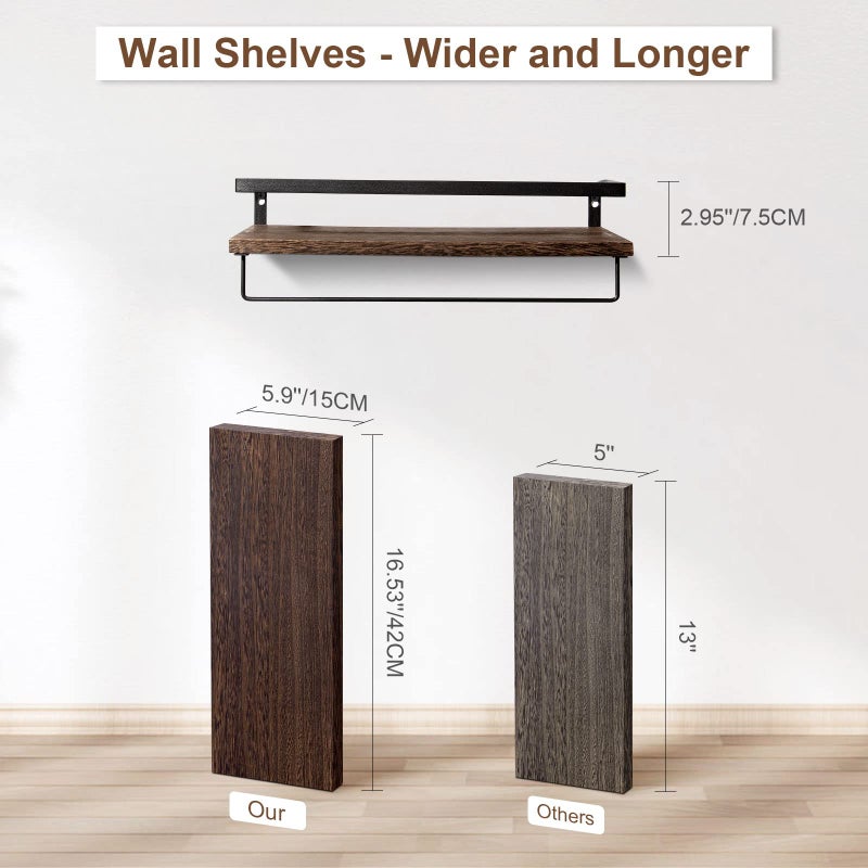 AGM Floating Shelves, 16.5 Bathroom Floating Shelf Set of 2, Carbonized Black Wall Storage Shelf with Towel Bar, Wall Mounted Shelves for Plants, Book, Bedroom, Kitchen, Living Room Decoration - Image 5