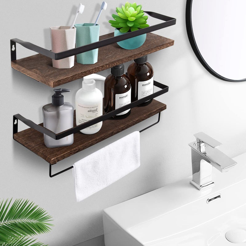 AGM Floating Shelves, 16.5 Bathroom Floating Shelf Set of 2, Carbonized Black Wall Storage Shelf with Towel Bar, Wall Mounted Shelves for Plants, Book, Bedroom, Kitchen, Living Room Decoration - Image 2