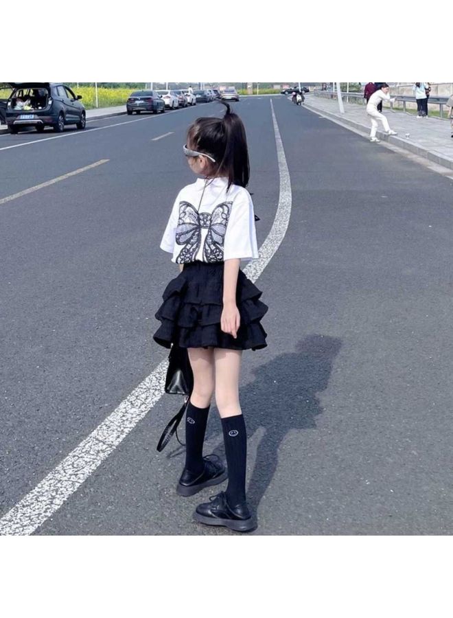 Girl's Set Summer New Fashionable Big Girl Bow Short-sleeve T-shirt Cake Pleated Short Skirt Two-piece