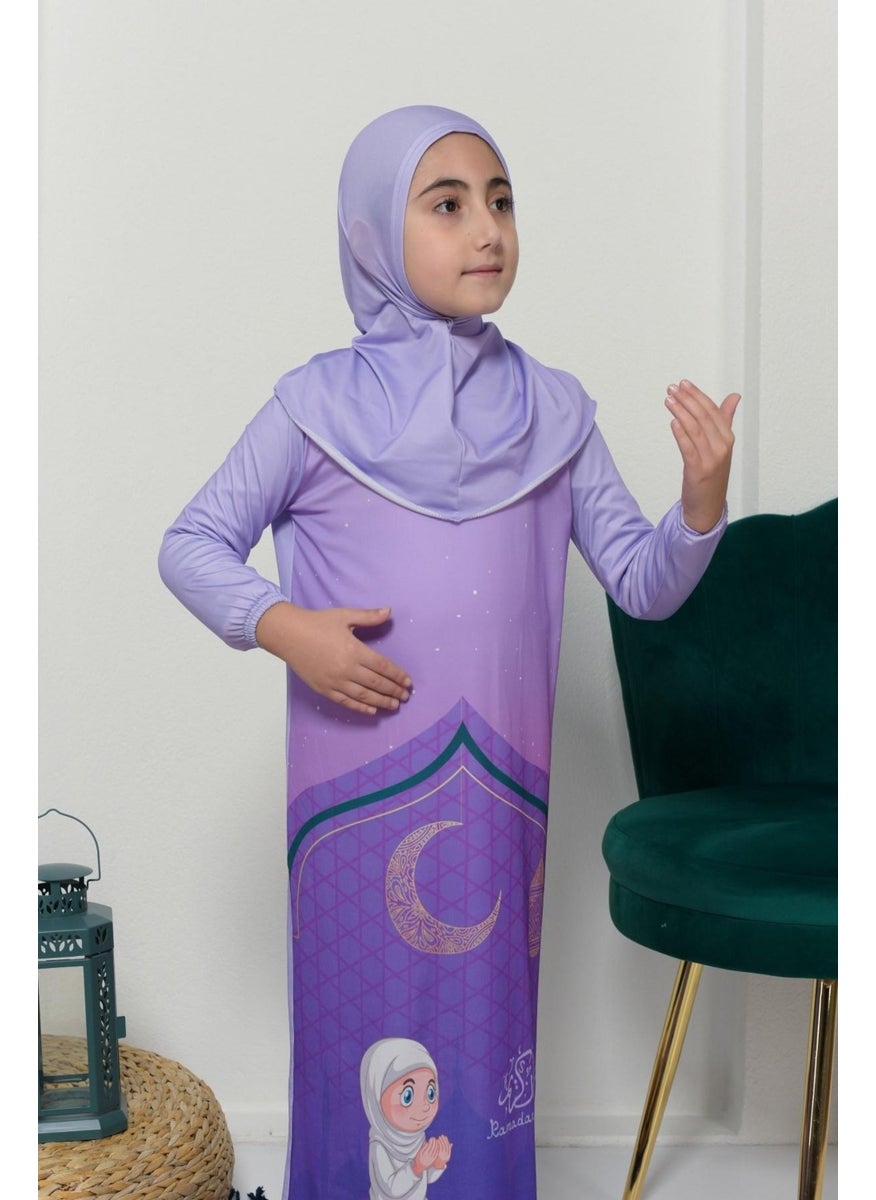 Altobeh طقم صلاة للأطفال من التوبه، قطعة واحدة عملية، أكمام منقوشة، حجاب قابل للإزالة، فستان من الليكرا (من 6 إلى 12 سنة) 925-0201  - Image 3