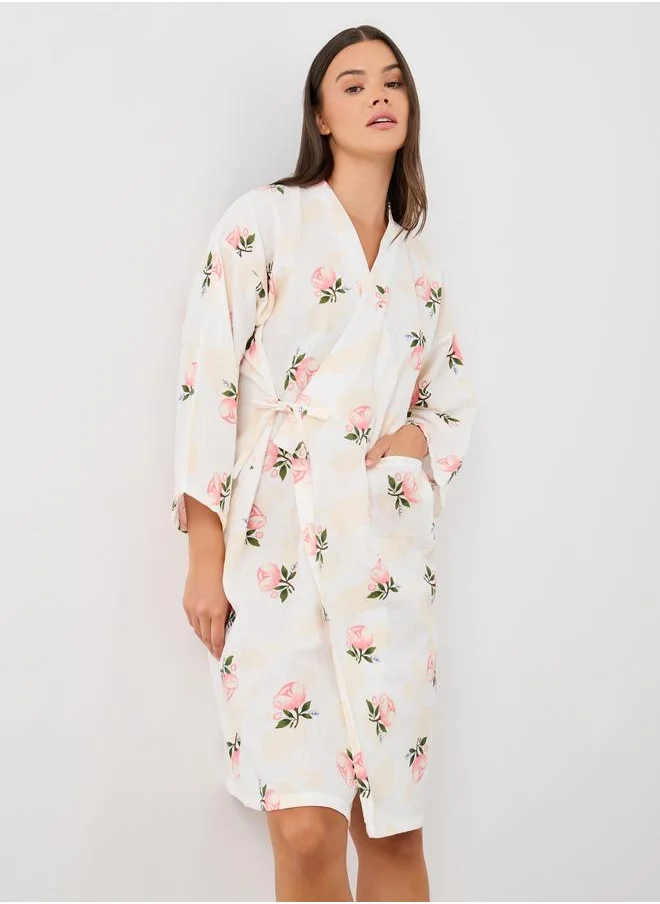 Styli Styli All-Over Floral Print Robe with Side Tie