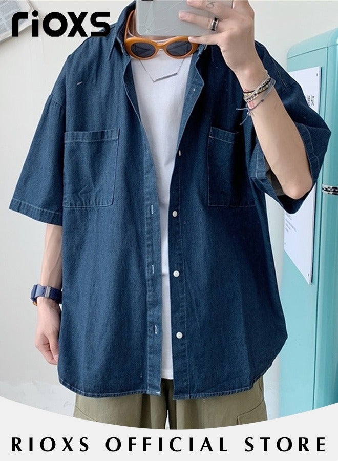 RIOXS Men's Fashion Denim Shirt, Regular-Fit Short Sleeve Denim Shirt with Two Front Pockets and Good Drape, Button Down Casual Coat, Perfect for Office, School, Daily Casual Wear and Weekend Camping Trips  - Image 3