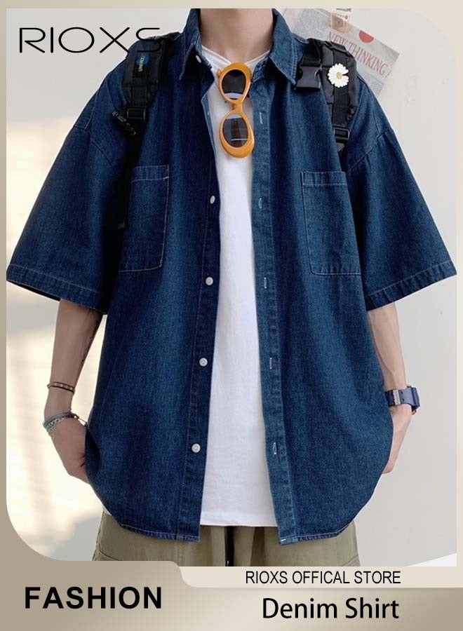 RIOXS Men's Fashion Denim Shirt, Regular-Fit Short Sleeve Denim Shirt with Two Front Pockets and Good Drape, Button Down Casual Coat, Perfect for Office, School, Daily Casual Wear and Weekend Camping Trips  - Image 1