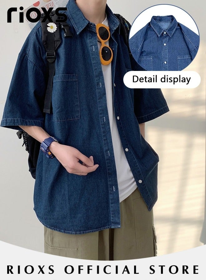 RIOXS Men's Fashion Denim Shirt, Regular-Fit Short Sleeve Denim Shirt with Two Front Pockets and Good Drape, Button Down Casual Coat, Perfect for Office, School, Daily Casual Wear and Weekend Camping Trips  - Image 5
