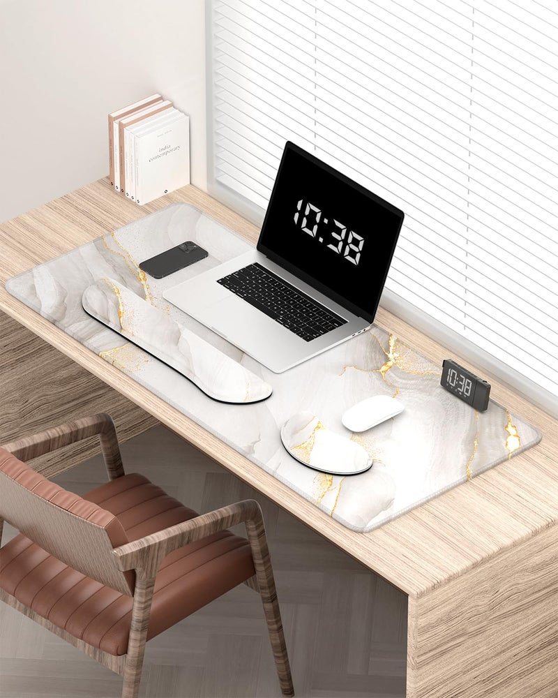 Auhoahsil Large Mouse Pad with Wrist Rests for Keyboard & Mouse, Thick Soft Ergonomic Memory Foam Wrist Supports, Big & Long Desk Mat 35.5 x 15.7 in, for Office Gaming Computer, White Gold Marble - Image 2