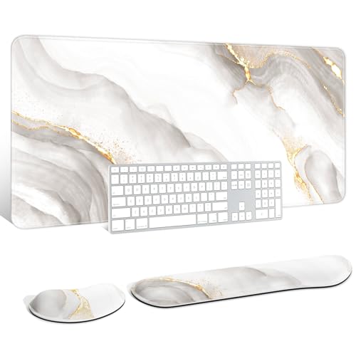 Auhoahsil Large Mouse Pad with Wrist Rests for Keyboard & Mouse, Thick Soft Ergonomic Memory Foam Wrist Supports, Big & Long Desk Mat 35.5 x 15.7 in, for Office Gaming Computer, White Gold Marble - Image 1