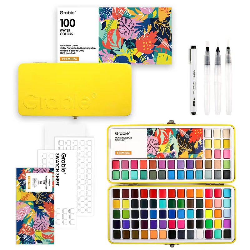 Grabie 100 Colors Premium All-In-One Watercolor Paint Set - 50 Essential, 35 Metallic, 10 Pastels, 5 Neon Hues - Portable Case, Brush Pens, Paper Pad, Waterproof Fineliner Pen, Beginner & Professional - Image 1