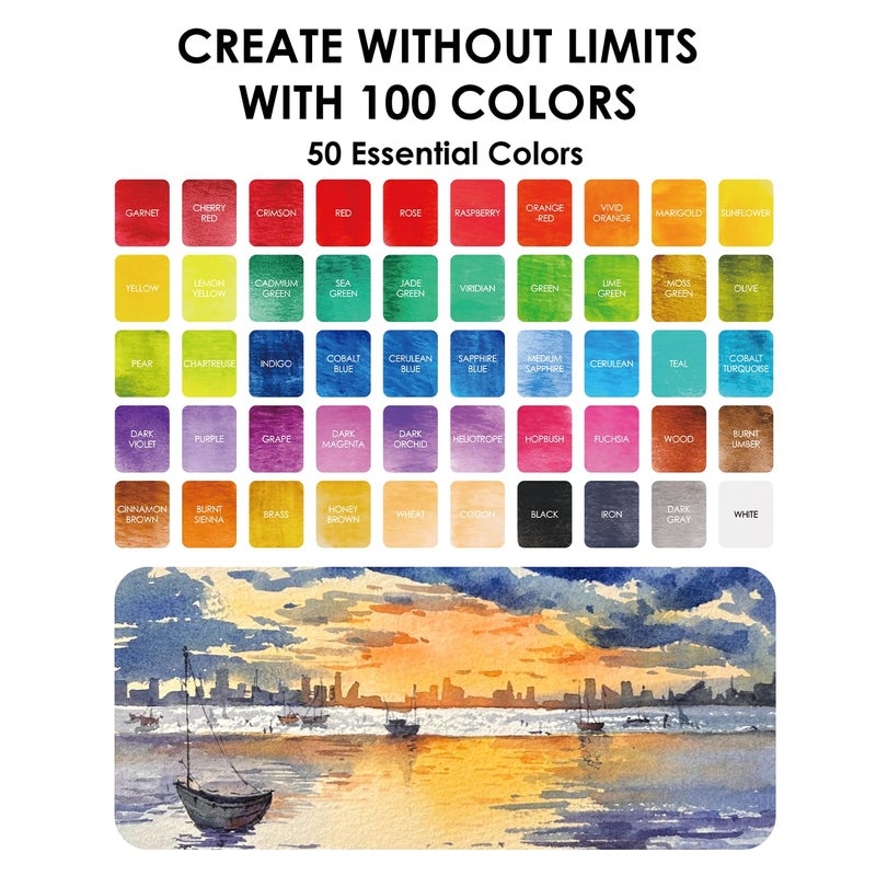 Grabie 100 Colors Premium All-In-One Watercolor Paint Set - 50 Essential, 35 Metallic, 10 Pastels, 5 Neon Hues - Portable Case, Brush Pens, Paper Pad, Waterproof Fineliner Pen, Beginner & Professional - Image 3