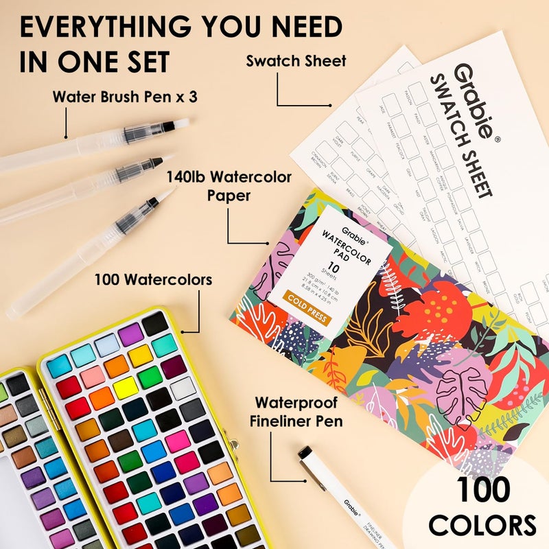 Grabie 100 Colors Premium All-In-One Watercolor Paint Set - 50 Essential, 35 Metallic, 10 Pastels, 5 Neon Hues - Portable Case, Brush Pens, Paper Pad, Waterproof Fineliner Pen, Beginner & Professional - Image 2