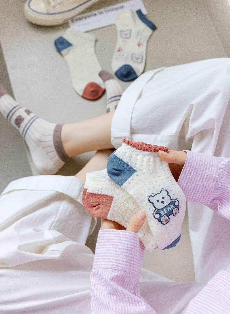 Captaintech Socks for Women, 5 Pairs Bear Patterned Design Combed Cotton Mesh Breathable Ankle Socks, Cute Ankle Socks for Women - Image 5