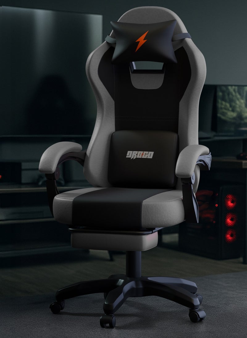 دراجو كرسي ألعاب أورا المريح، مصنوع من جلد PU فاخر، مزود بمساند ذراع قابلة للتعديل، ووسادة للرقبة والظهر قابلة للتعديل | كرسي ألعاب فيديو | كرسي كمبيوتر للدراسة | كراسي مكتبية للعمل من المنزل مع إمكانية الإمالة، أسود / رمادي فاتح - Image 1