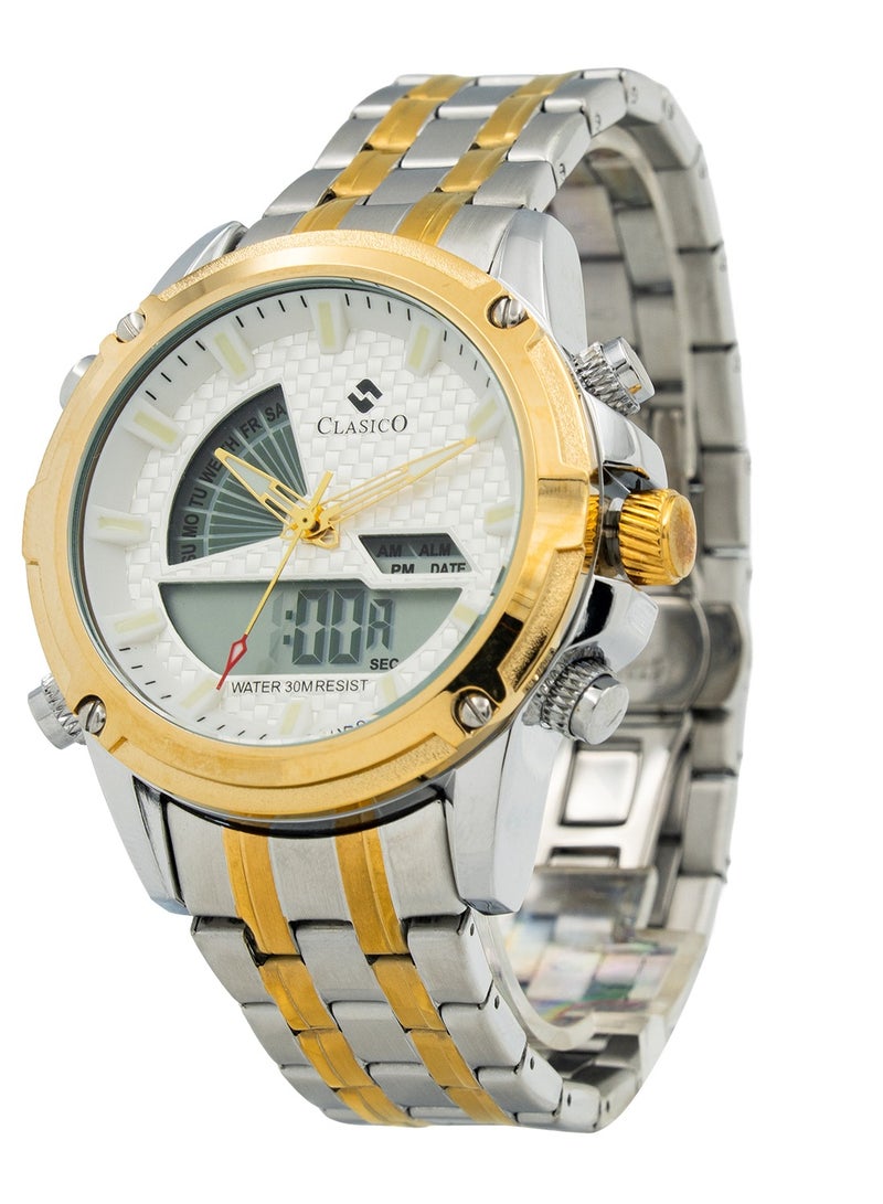 Clasico Men’s Duo-time Dual Display Analog-Digital Watch – White Dial | Stainless Steel Strap | Multi-Function | Waterproof - Image 2