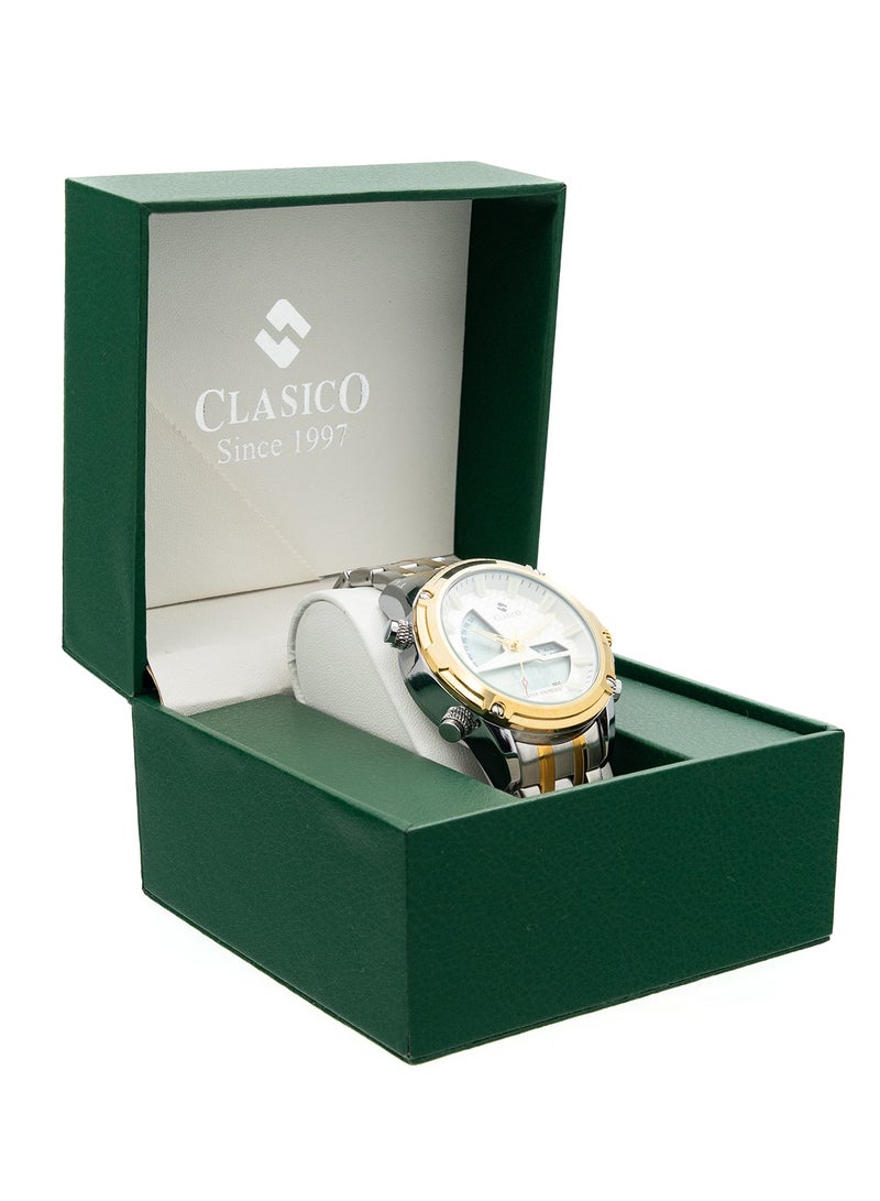 Clasico Men’s Duo-time Dual Display Analog-Digital Watch – White Dial | Stainless Steel Strap | Multi-Function | Waterproof - Image 5
