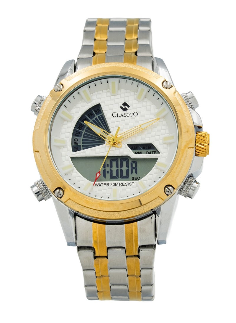 Clasico Men’s Duo-time Dual Display Analog-Digital Watch – White Dial | Stainless Steel Strap | Multi-Function | Waterproof - Image 1