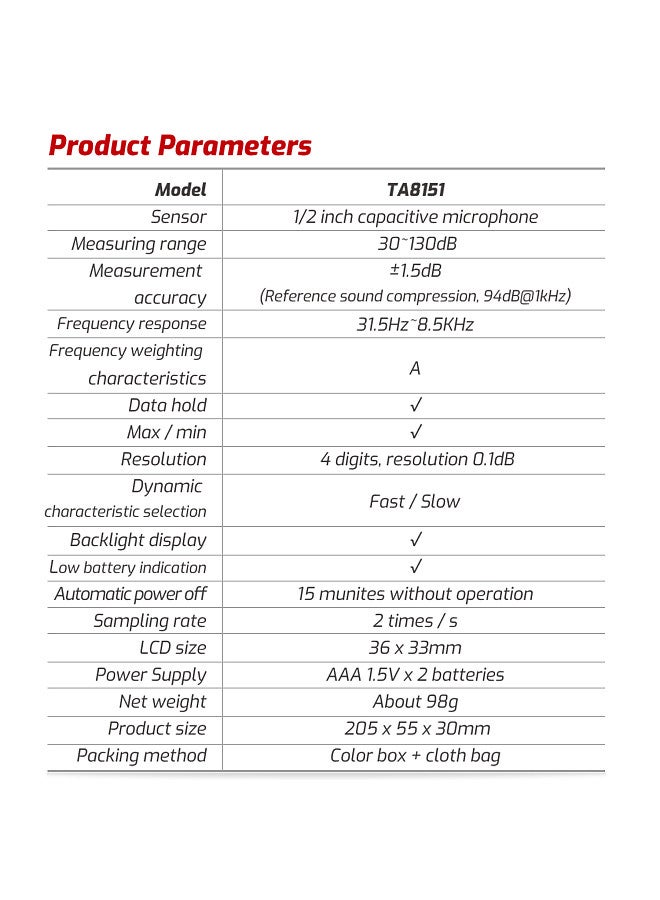 TA8151 Digital Sound Level Meter SLM Household Noise Tester Professional High-Precision Noise Tester Handheld Sound Detector Decibel Monitor 30-130dB Acoustic Measurement Instrument