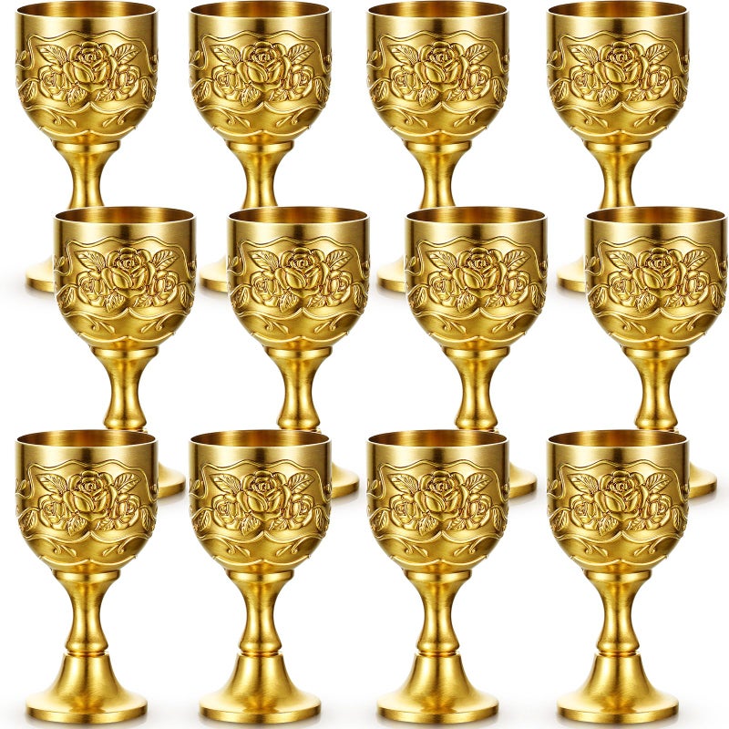 Nosiny 12 Pcs Mini Chalice Goblet Vintage Gold Copper Wine Small Chalice Cup Medieval Wine Glasses Zinc Alloy Flower Embossed Shot Glasses for First Communion Altar Drinking 1 oz