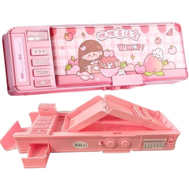 Parshya Plastic Password Lock School Students Pencil Box with Inbuilt Sharpener, Cute Cartoon Stationary Compass for Boys, Geometry Case for Kids Girls, Best for Gifts (Yummy Compass), Pink - Image 1