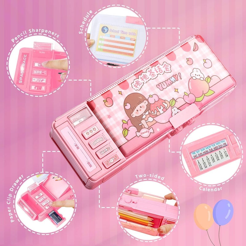 Parshya Plastic Password Lock School Students Pencil Box with Inbuilt Sharpener, Cute Cartoon Stationary Compass for Boys, Geometry Case for Kids Girls, Best for Gifts (Yummy Compass), Pink - Image 5