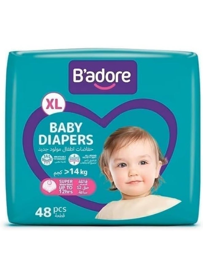 Baby Diapers, Size XL, Over 14 kg, 48 Pieces, Super Absorbent, Up to 12 Hours Protection