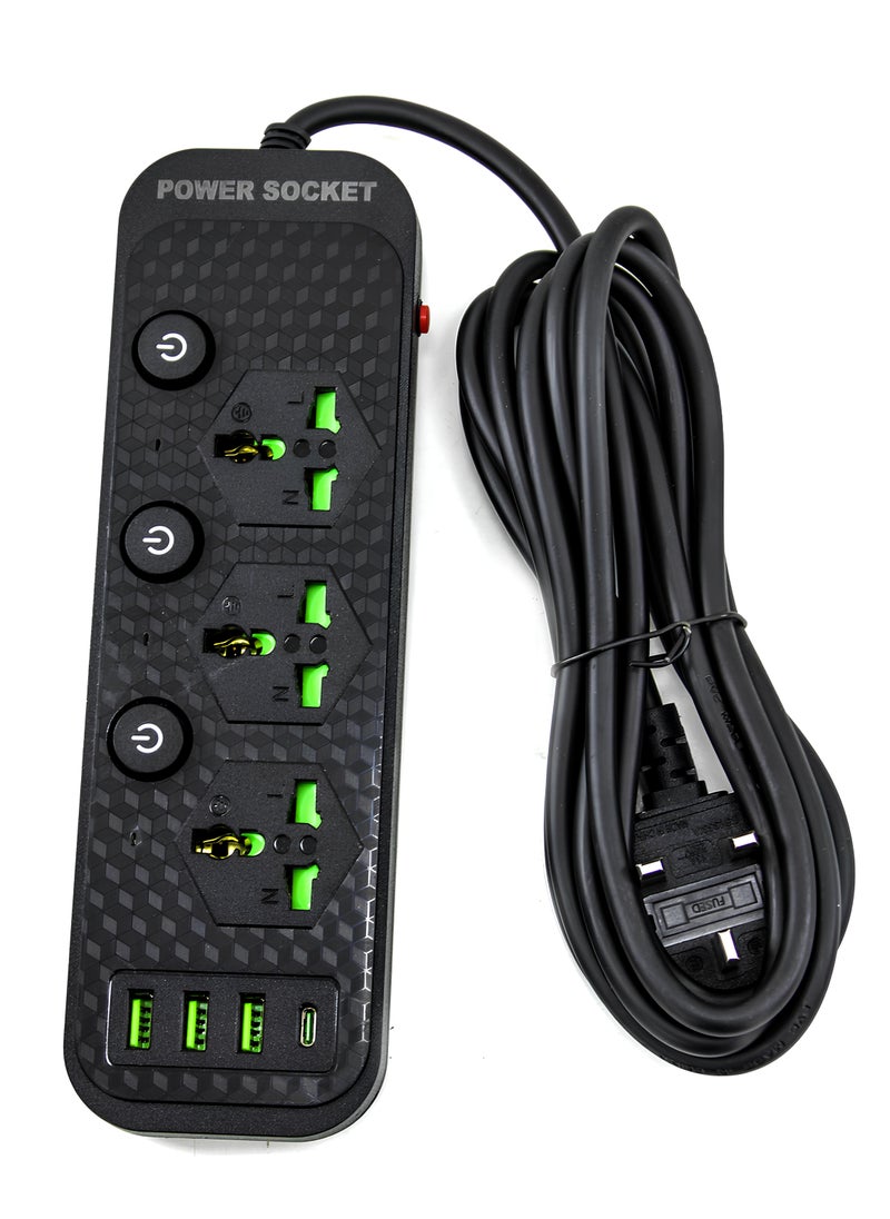 AL QADAH - Heavy Duty Power Extension Cord 3 Outlets 3 USB Ports and 1 USB-C 3M Cable Overload Protection Flame Retardant Heat Resistant 150C Black 3000W - Image 1