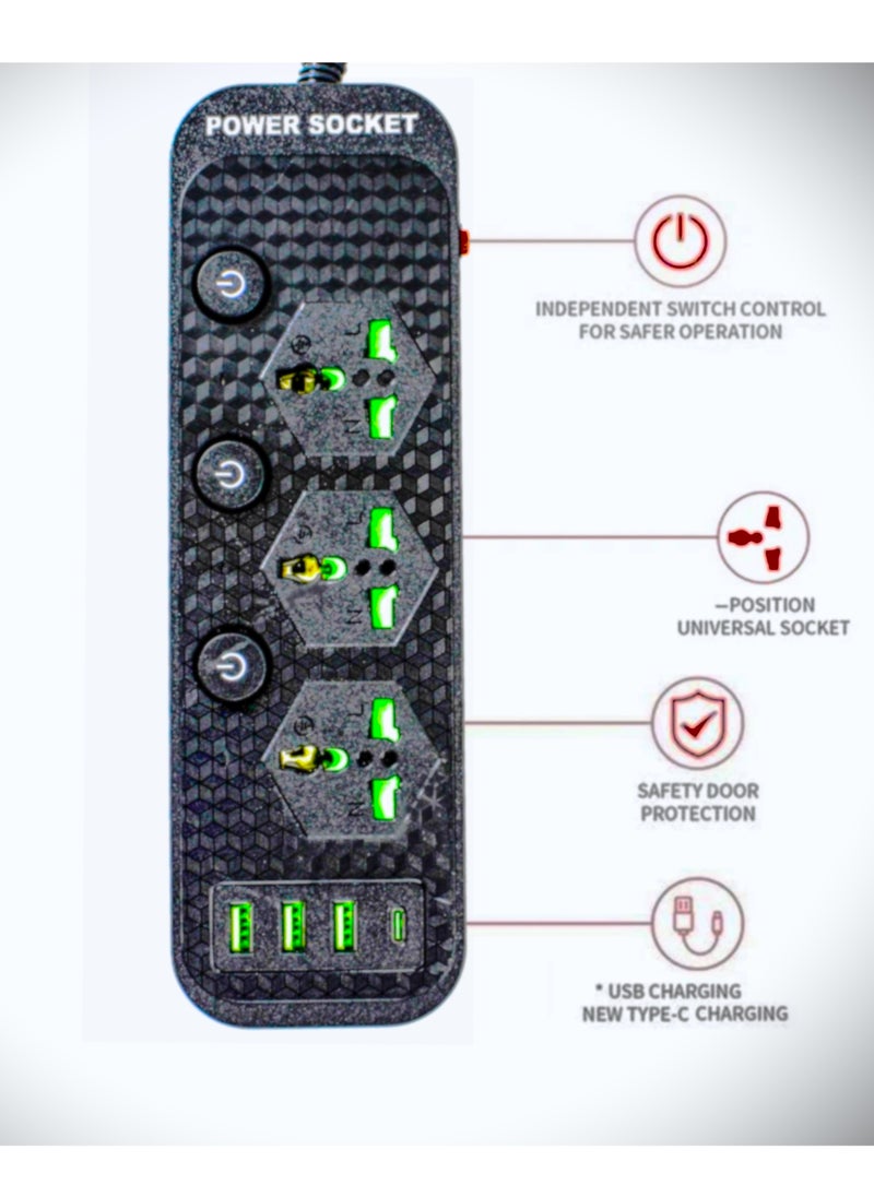 AL QADAH - Heavy Duty Power Extension Cord 3 Outlets 3 USB Ports and 1 USB-C 3M Cable Overload Protection Flame Retardant Heat Resistant 150C Black 3000W - Image 1