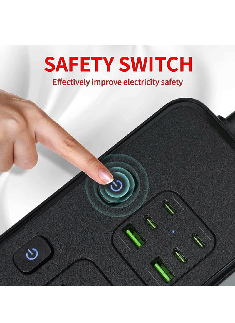 AL QADAH - Heavy Duty Power Extension Cord 3 Outlets 3 USB Ports and 1 USB-C 3M Cable Overload Protection Flame Retardant Heat Resistant 150C Black 3000W - Image 1