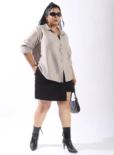 هاي ستار قميص نسائي رمادي بوليستر مقاس كبير بأزرار