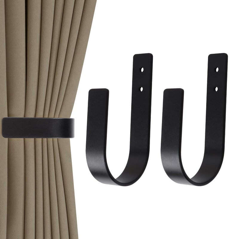 Groleca 2 Pack Modern Curtain Holdbacks - Solid Aluminum U Shaped Wall Mount Curtain Hooks - Tiebacks for Curtains (2, Black) - Image 1