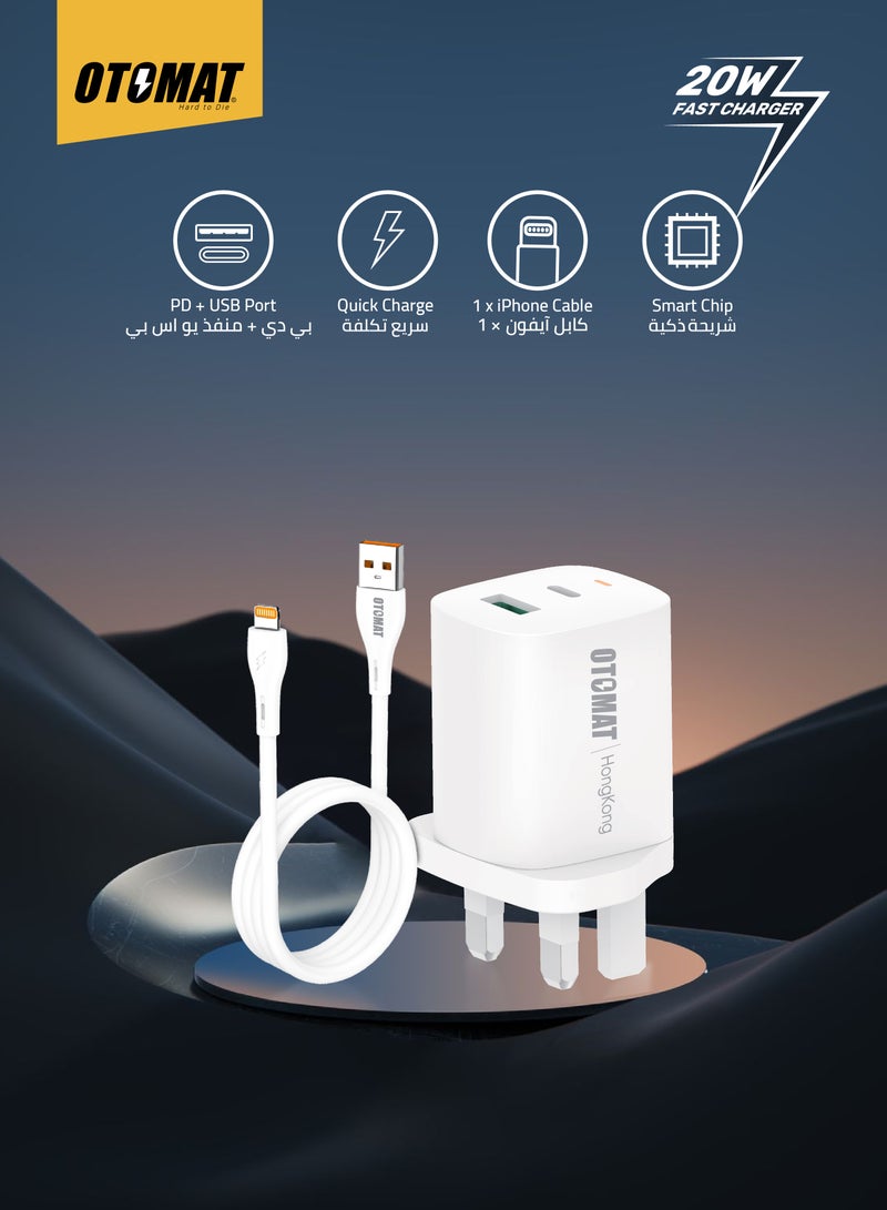 OTOMAT 20W PD Fast Charger with Dual Port (USB & Type-C) and USB to Lightning Cable – Efficient High-Speed Charging for iPhone, iPad, Android, Power Bank – Black - Image 2