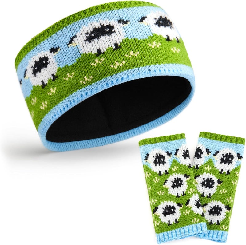 Xuniea Women Wool Ear Warmer Headband with 1 Pair Hand Wrist Warmer Cute Sheep Gift Set Handmade Soft Winter Fleece Lined Hand Knitted Multicoloured Head Wrap Hair Bands One Size Extra Warm