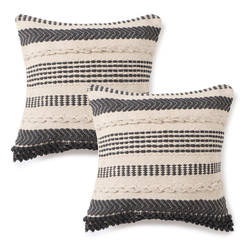 REDEARTH  Boho Textured Throw Pillow  Cushion Covers Woven Tufted Decorative Farmhouse Cases Set for Couch  Sofa  Bed  Dining  Patio  Outdoor  100 Cotton 18x18 Precis Descant Pack of 2