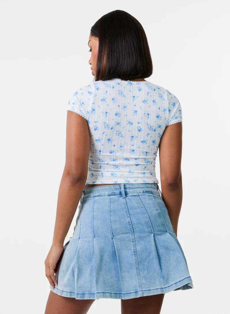 بينك فانيلا بلوزة قصيرة بطبعة زهور دقيقة بنقش شبكي