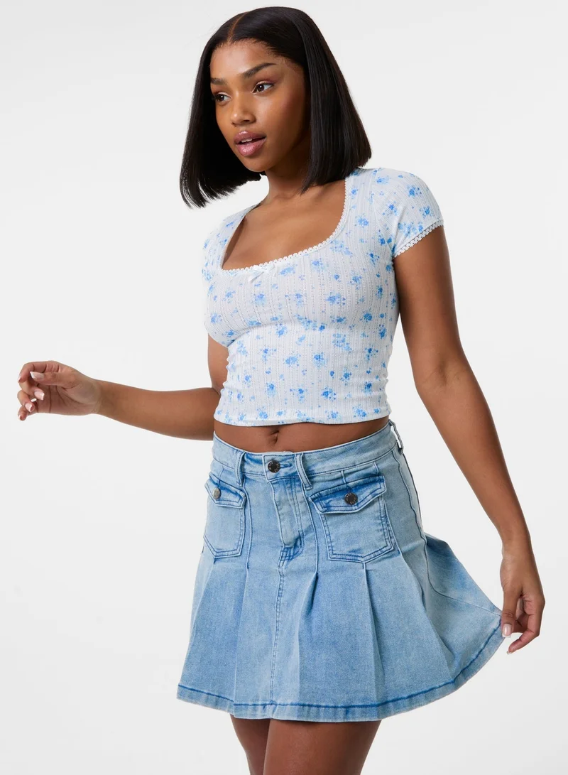 Pink Vanilla  Pointelle Ditsy Print Crop Top for Women | Best Price UAE
