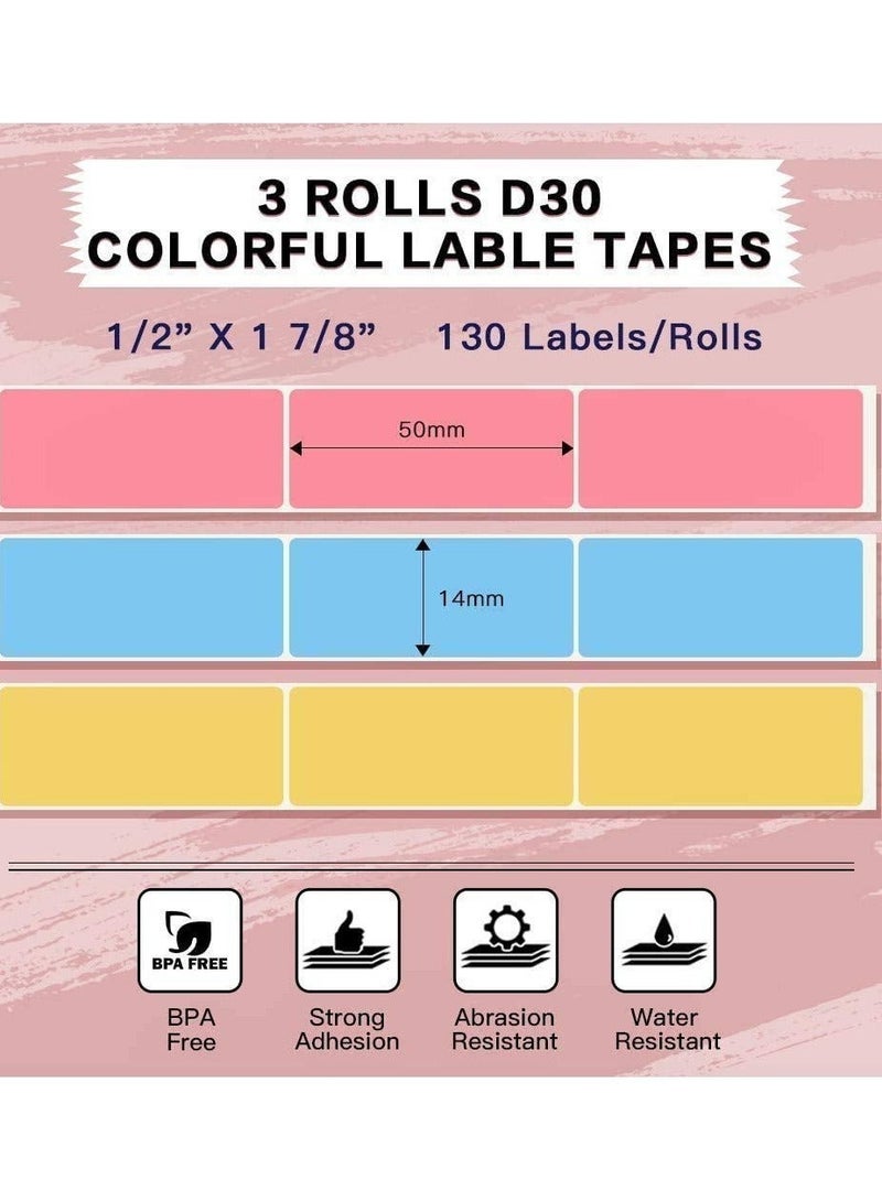 Captaintech Compatible with Phomemo D30 Thermal Label, Self-Adhesive Label,1/2"*1 7/8" (14mm * 50mm), Compatible with PhomemoD30 Label Printer, 130 Labels/roll, 3 Roll， (Blue, Pink, Yellow) - Image 2