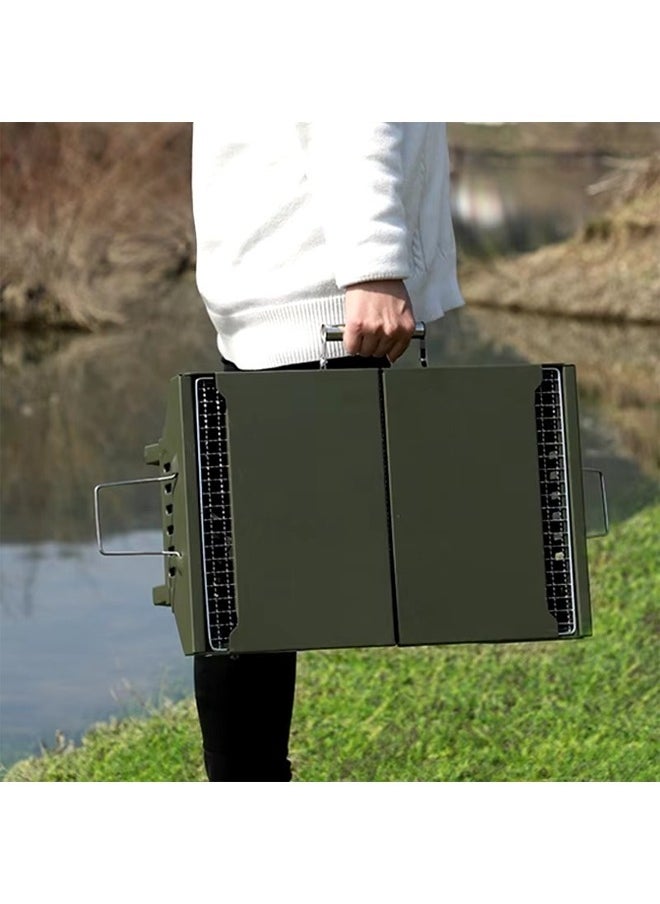 Portable, foldable charcoal grill with cover for picnics and camping