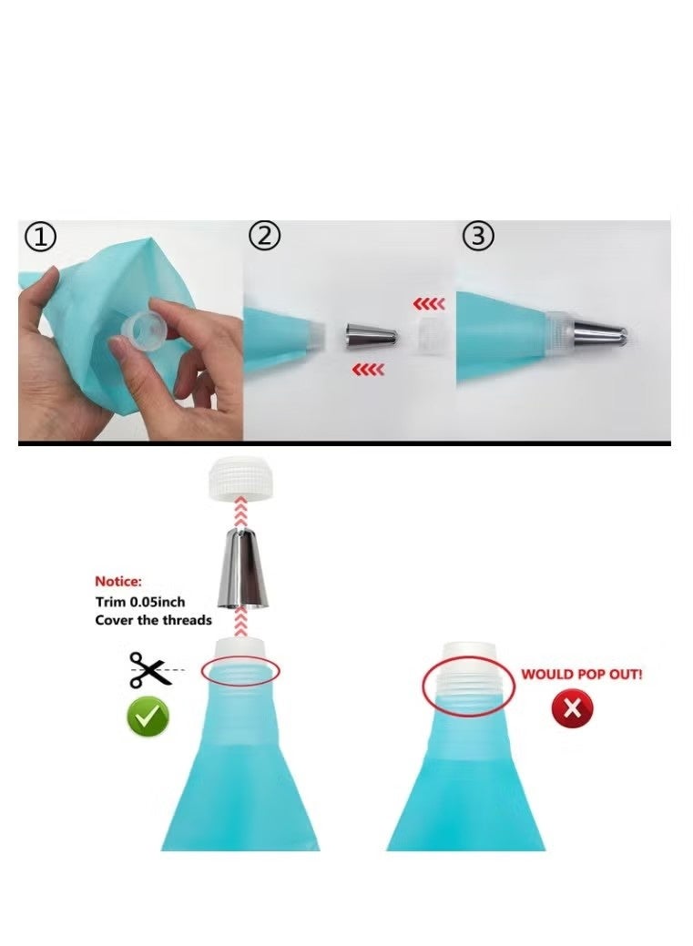 مجموعة أكياس تزيين الكيك وأطرافها، أكياس تزيين قابلة لإعادة الاستخدام، طقم تزيين الكيك للخبز مع أكياس معجنات وأطرافها، محولات قياسية، حلقات سيليكون، أدوات تزيين الكيك، لوازم تزيين الكيك، الكب كيك - Image 3