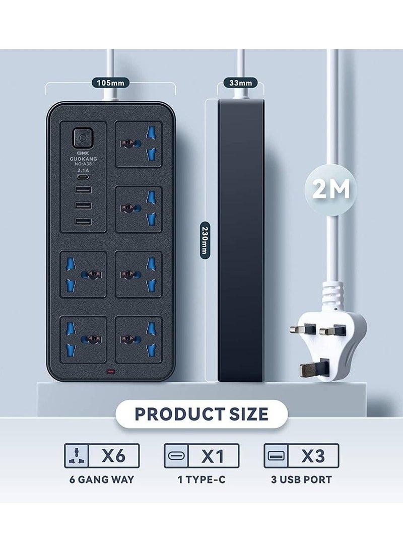 HEXABEX شريط تمديد طاقة عالي الجودة بـ 6 منافذ مع 3 منافذ USB وPD مقابس تمديد كهربائية عالمية بطول 2 متر أسود  - Image 4