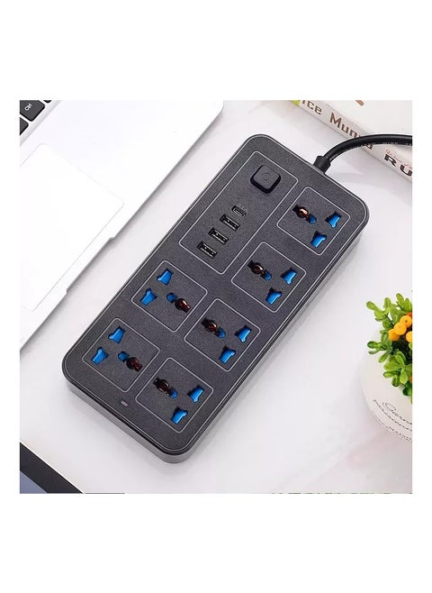 6 Way Port Power Extension Strip with 3 USB and PD Universal Switched Electrical Extension Sockets Power Strip 2Meter Black