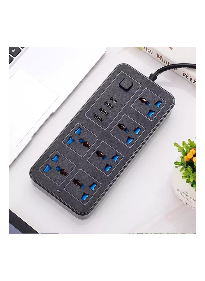 HEXABEX شريط تمديد طاقة عالي الجودة بـ 6 منافذ مع 3 منافذ USB وPD مقابس تمديد كهربائية عالمية بطول 2 متر أسود  - Image 1