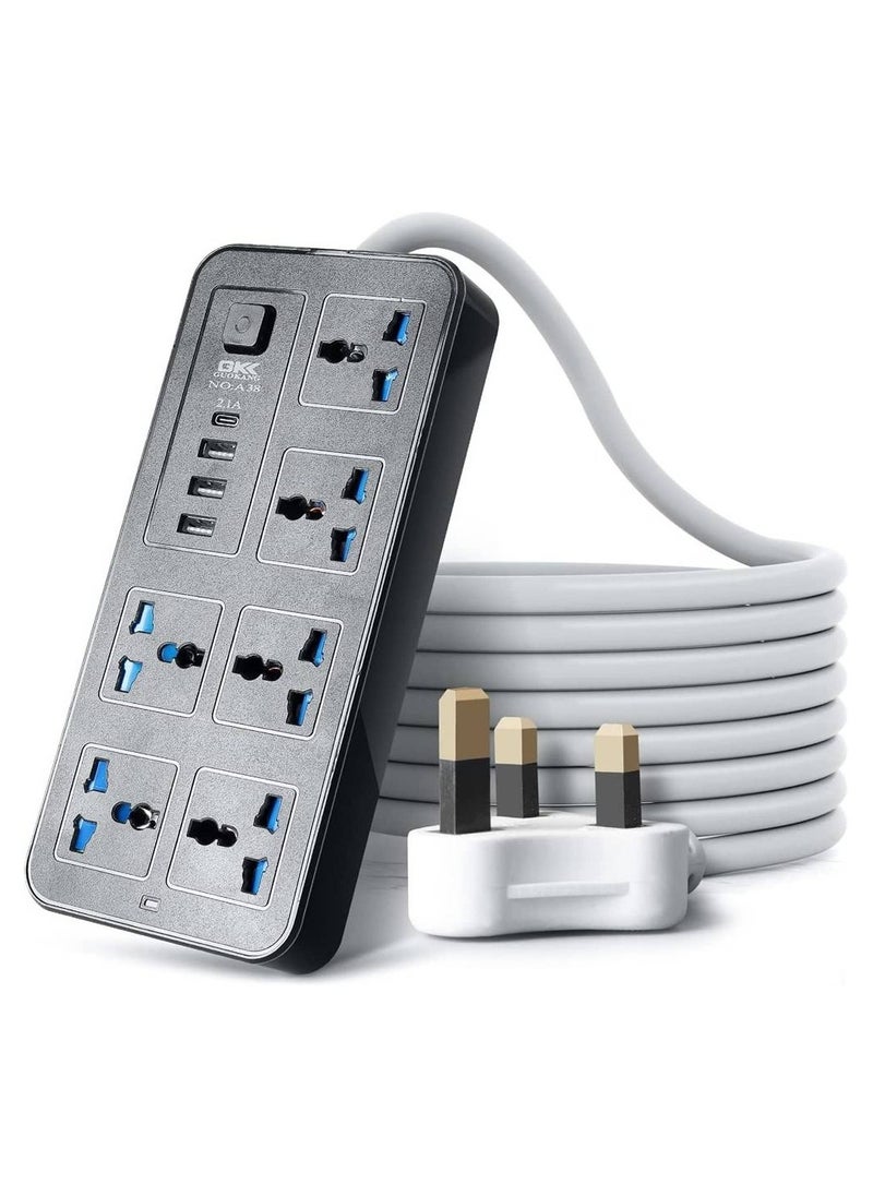 HEXABEX شريط تمديد طاقة عالي الجودة بـ 6 منافذ مع 3 منافذ USB وPD مقابس تمديد كهربائية عالمية بطول 2 متر أسود  - Image 2