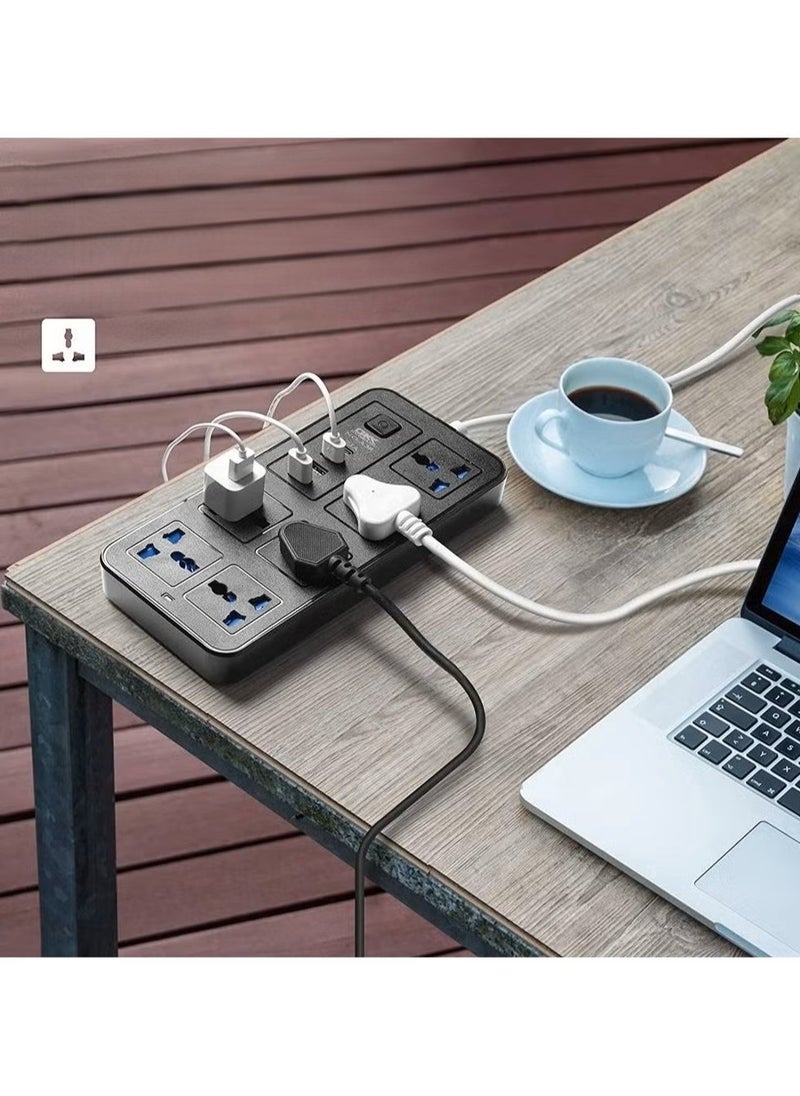 6 Way Port Power Extension Strip with 3 USB and PD Universal Switched Electrical Extension Sockets Power Strip 2Meter Black