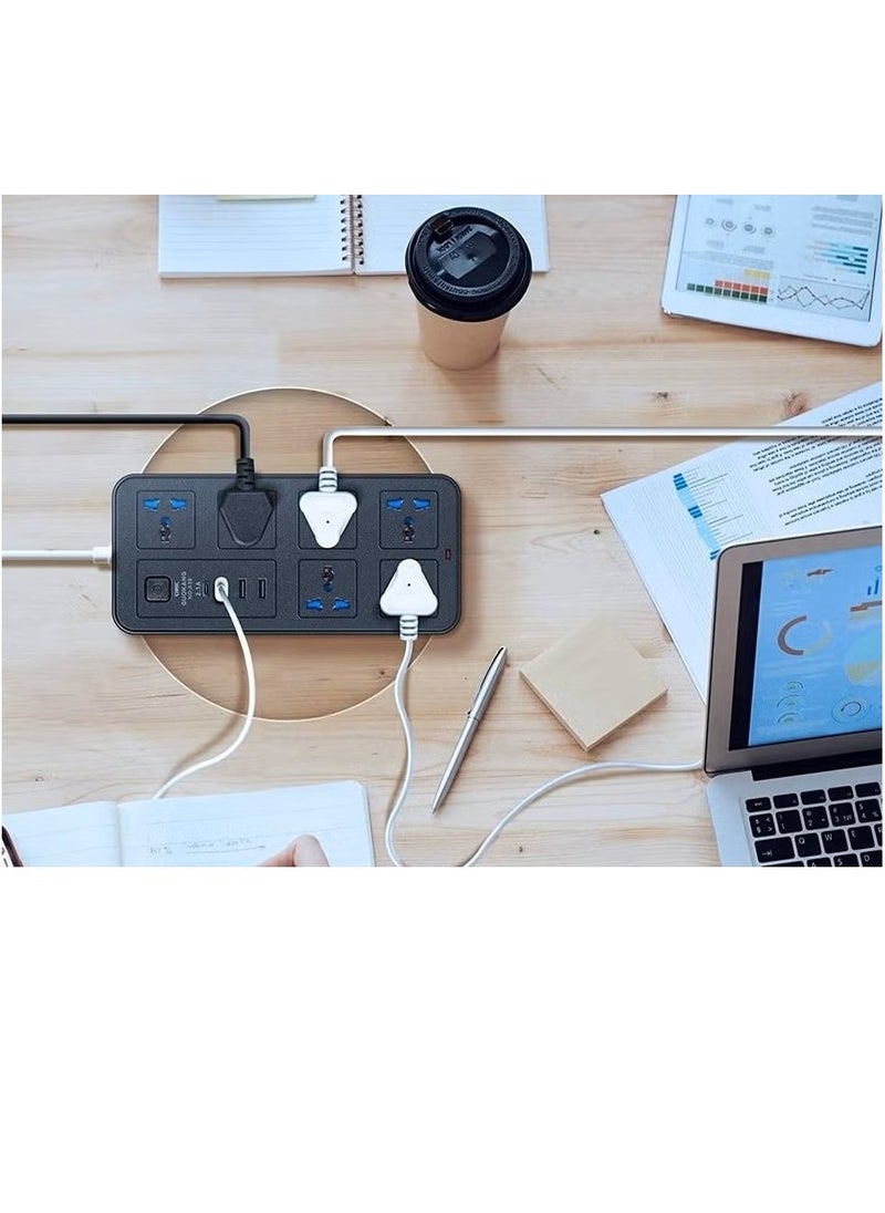 6 Way Port Power Extension Strip with 3 USB and PD Universal Switched Electrical Extension Sockets Power Strip 2Meter Black