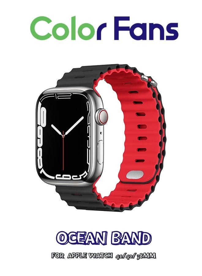 Color Fans Soft Silicone Ocean Sports Strap Compatible Apple Watch 41mm 40mm 38mm for Men Women, Adjustible Watch Band for Apple Watch SE/Series 9/8/7/6/5/4/3/2/1 - Black/Red - Image 1