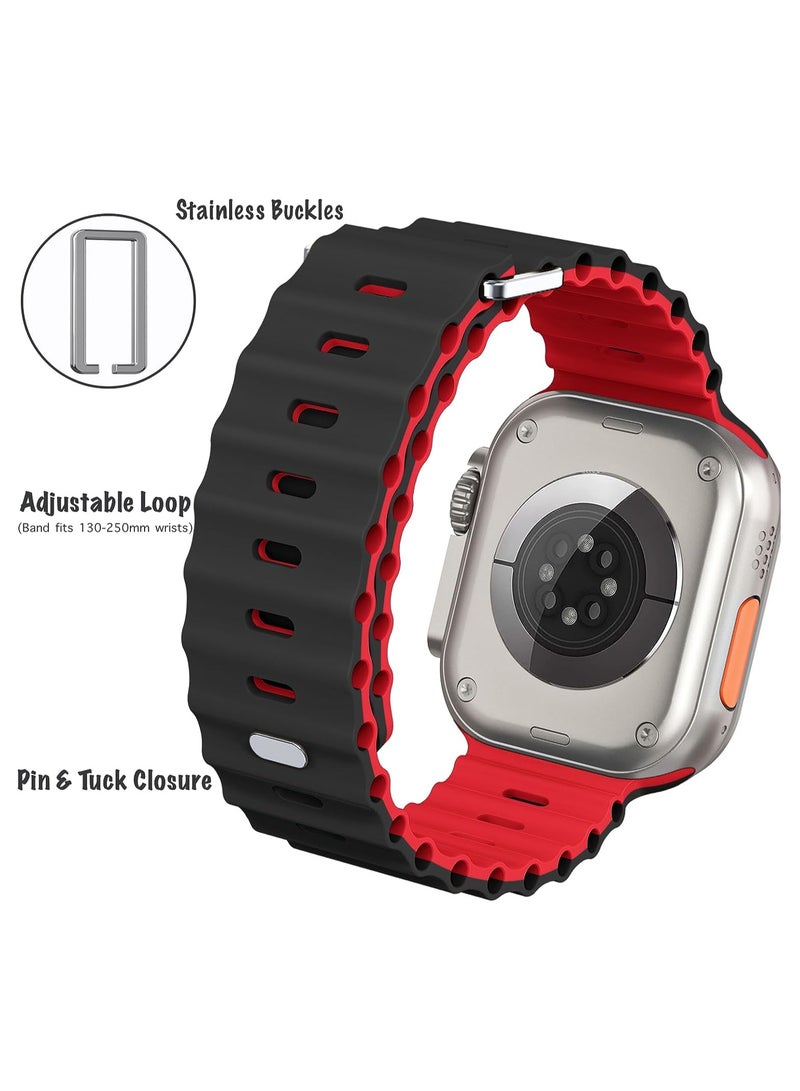 Color Fans Soft Silicone Ocean Sports Strap Compatible Apple Watch 41mm 40mm 38mm for Men Women, Adjustible Watch Band for Apple Watch SE/Series 9/8/7/6/5/4/3/2/1 - Black/Red - Image 4