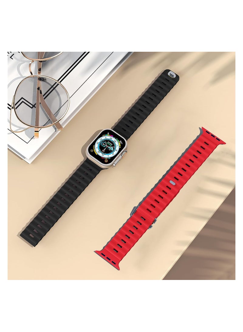 Color Fans Soft Silicone Ocean Sports Strap Compatible Apple Watch 41mm 40mm 38mm for Men Women, Adjustible Watch Band for Apple Watch SE/Series 9/8/7/6/5/4/3/2/1 - Black/Red - Image 3