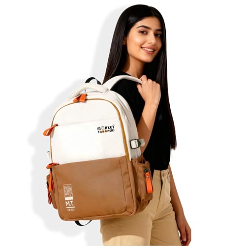 MONKEY TROOPERS Bouje Laptop Backpack Bag For Men Women Girls Boys, college, school, office, travel, casual, 15.6-inch,Quick Access & Zippered Pockets, 27 Litre, Water Resistant (White/Brown) - Image 3